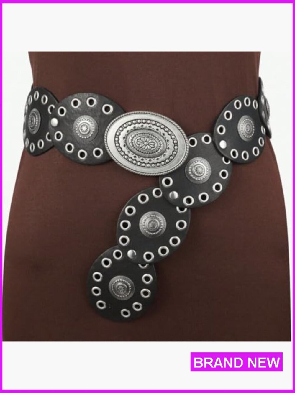 Western Vintage Boho Style PU Leather Wide Disc Belt Adjustable Waist - Picture 5 of 7